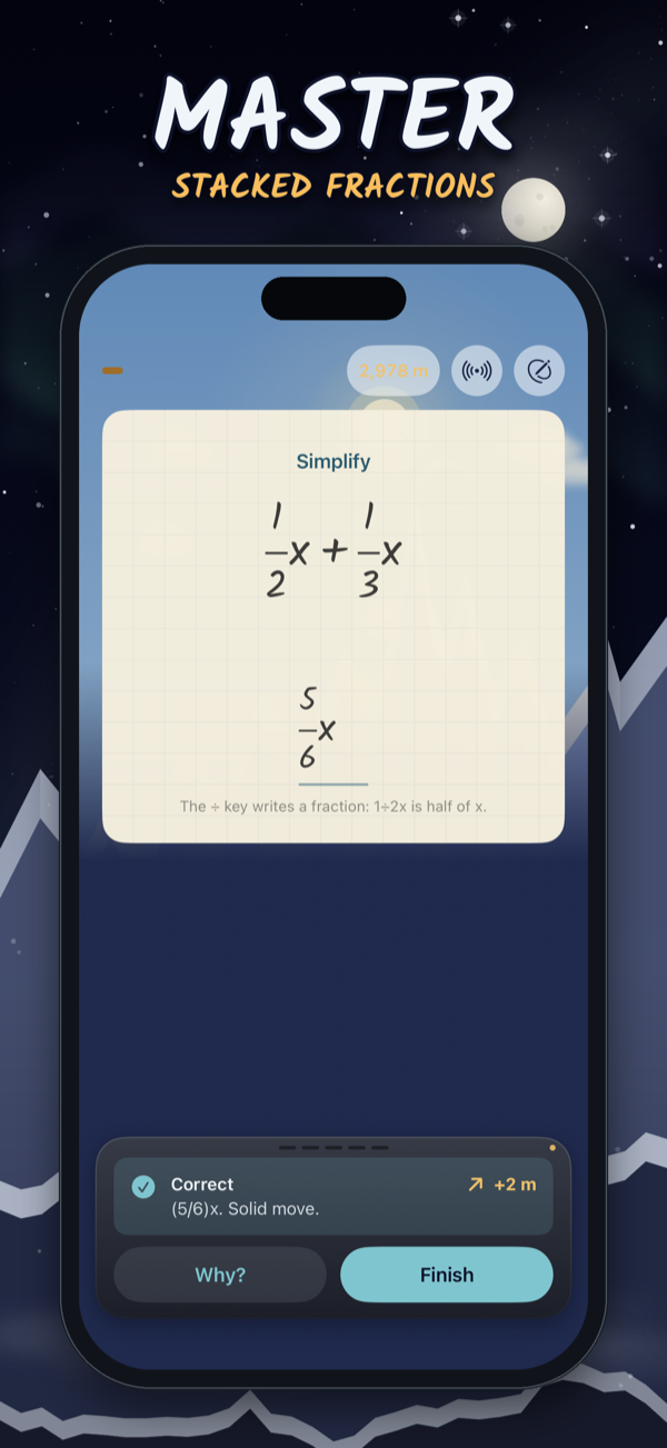 Solving an equation with stacked fractions, answered correctly on the notebook-paper working card