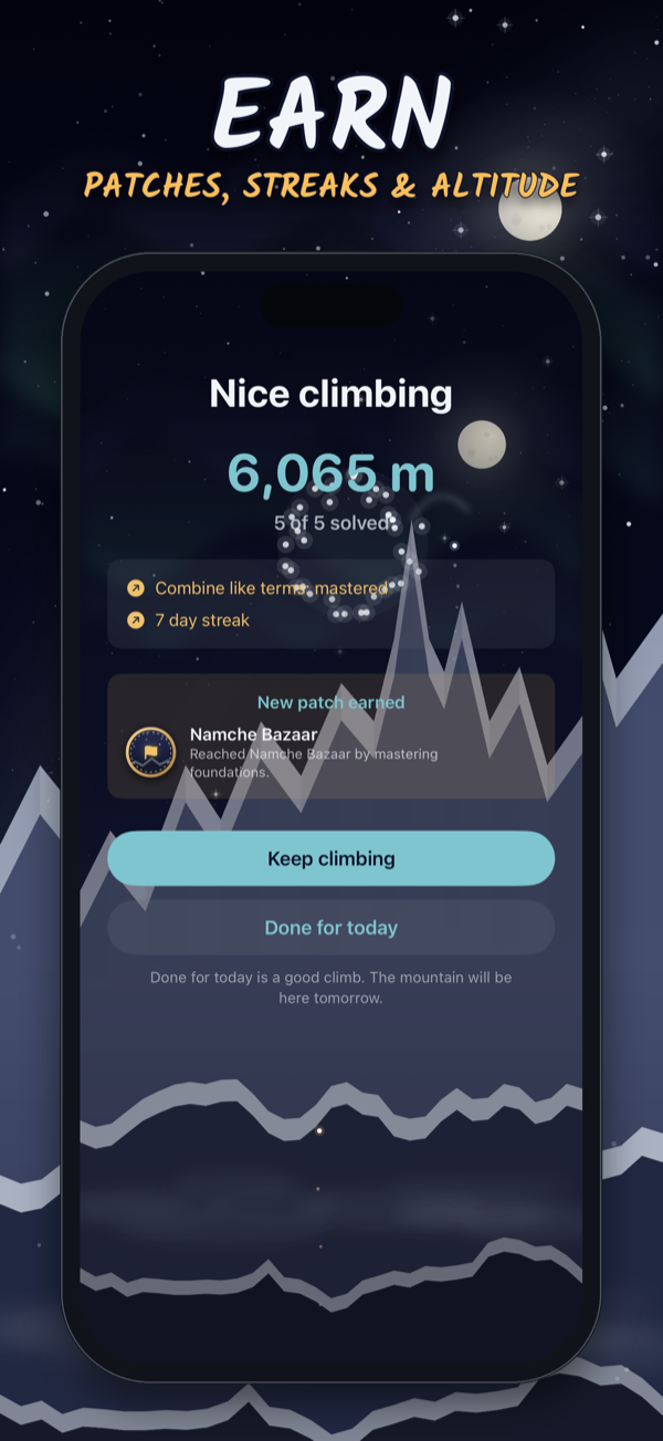 Session results showing an expedition patch, a streak, and altitude gained