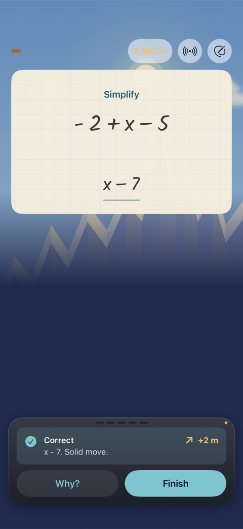 Simplify −2 + x − 5, answered x − 7 and marked correct
