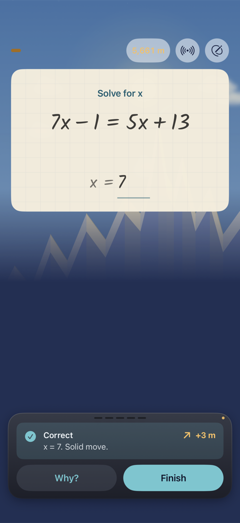 Solve 7x − 1 = 5x + 13, answered x = 7 and marked correct