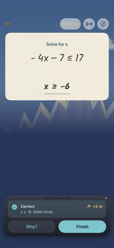 Solve −4x − 7 ≤ 17, answered x ≥ −6 and marked correct