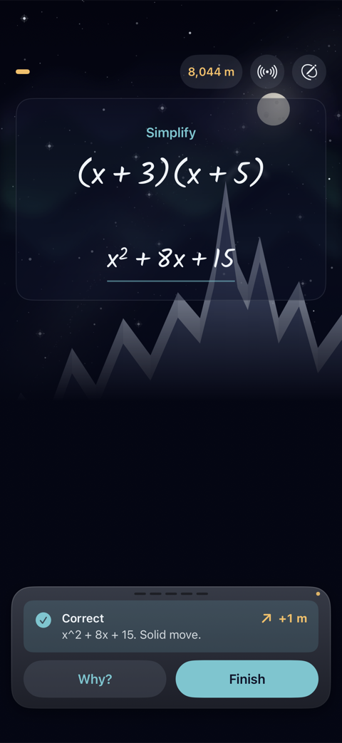 Multiply (x + 3)(x + 5), answered x² + 8x + 15 and marked correct