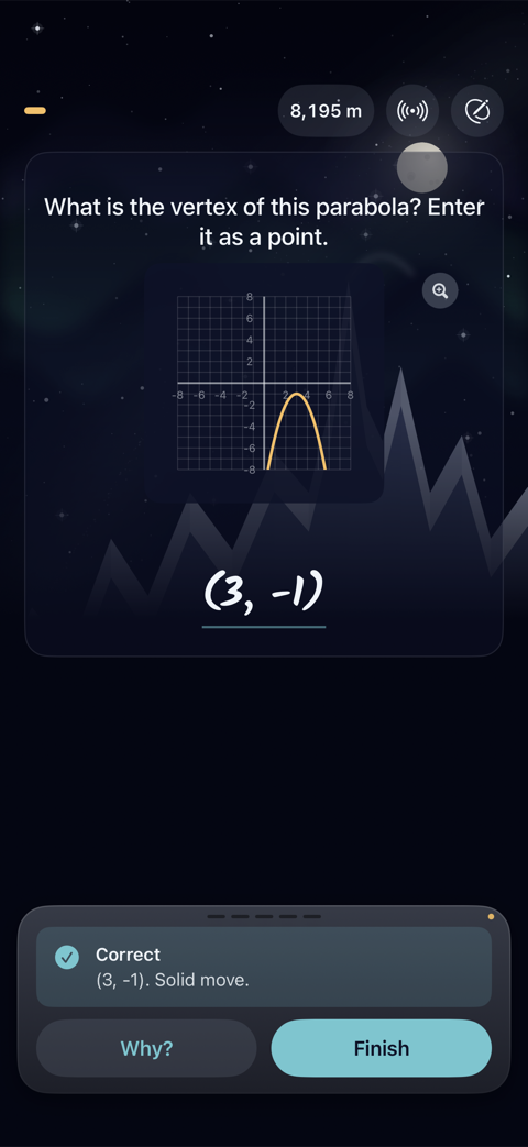 Reading the vertex of a graphed parabola, answered (3, −1) and marked correct