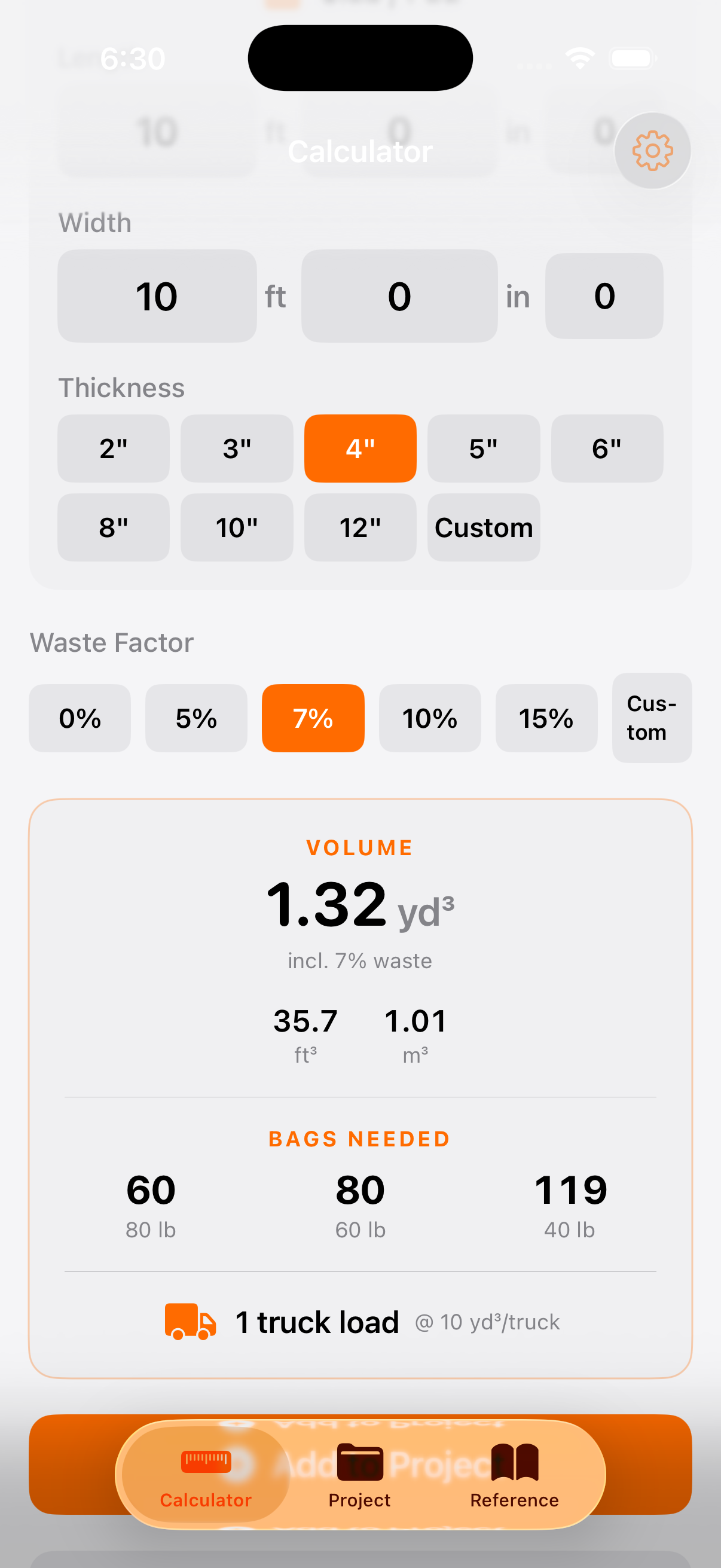 Results showing volume, bags needed, and truck loads