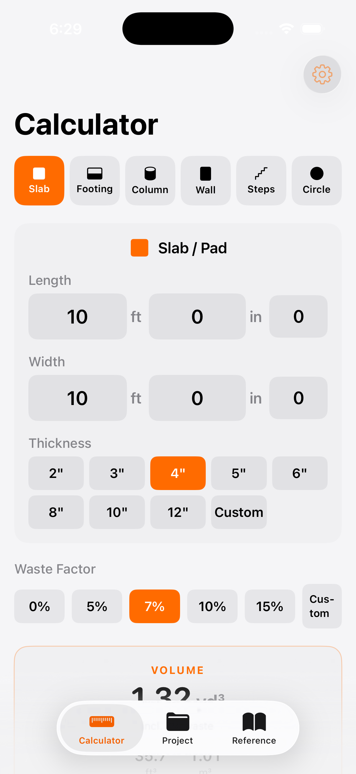 Calculator tab showing a slab calculation with length, width, thickness inputs
