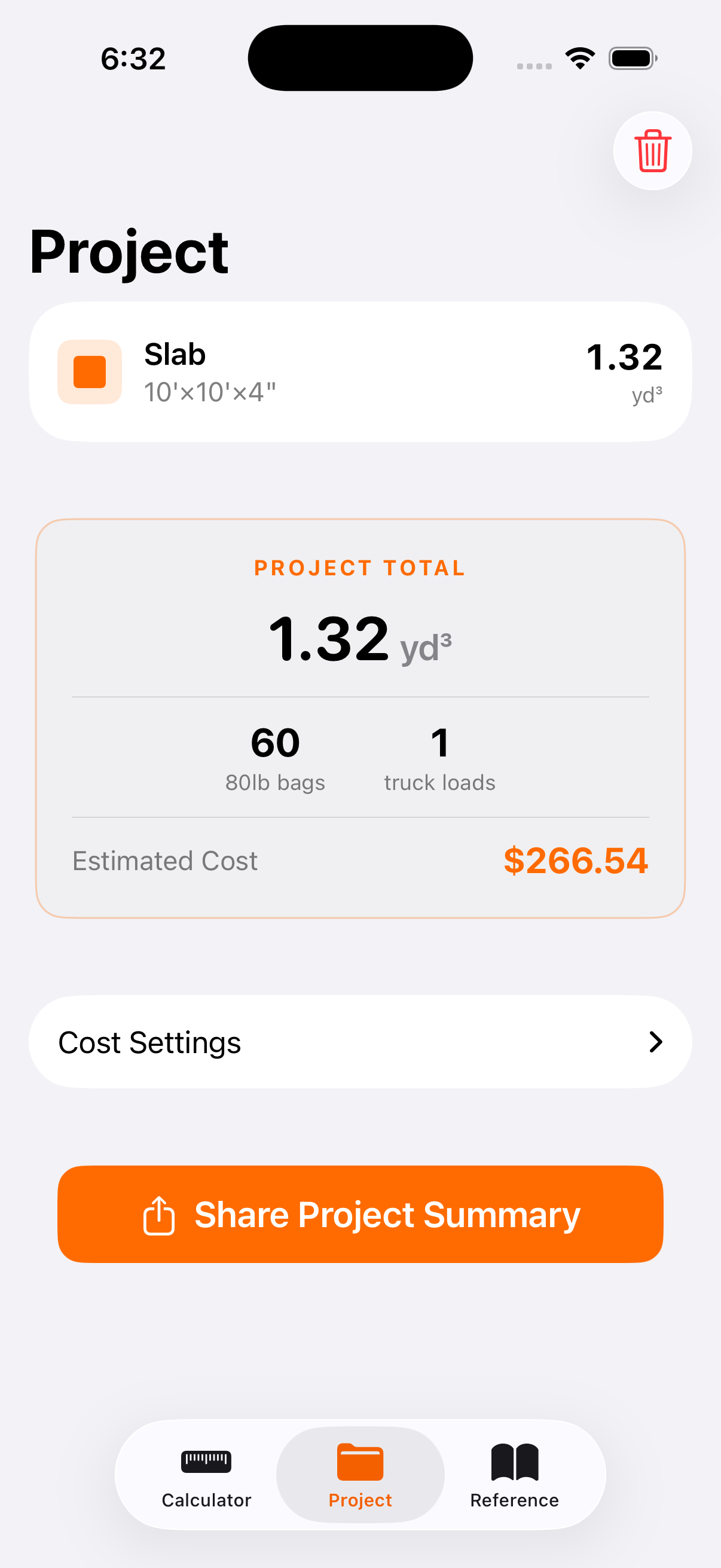 Project tab showing saved calculations and project total