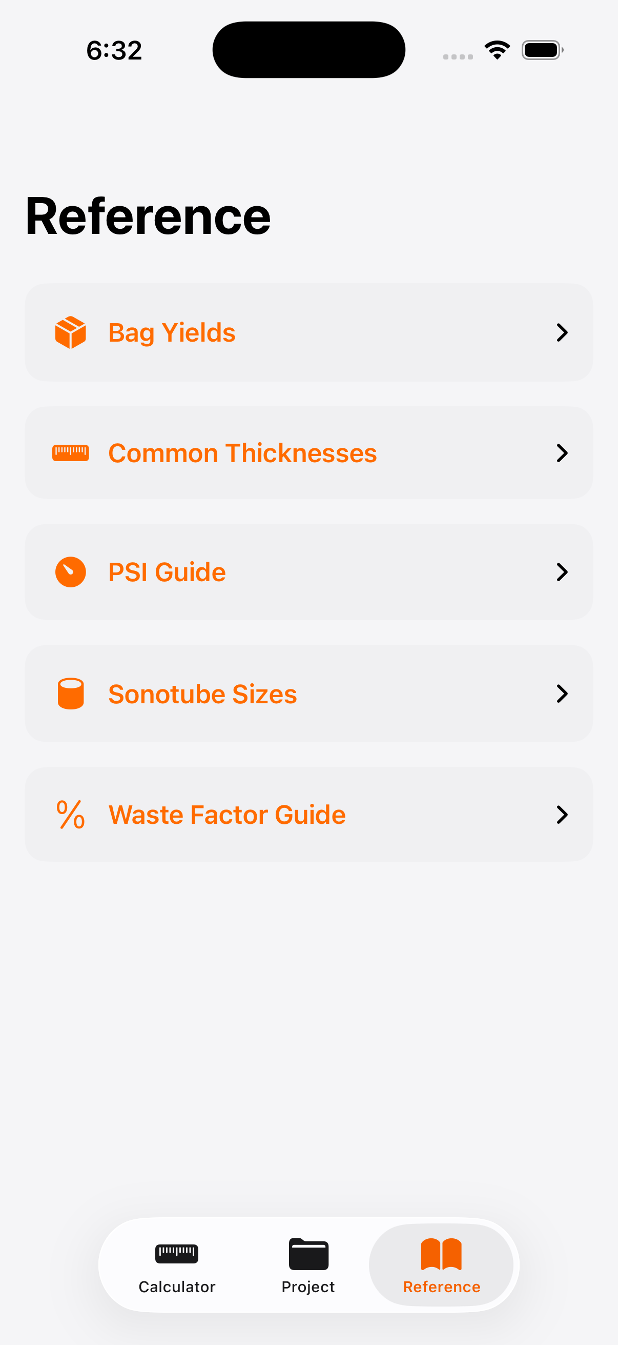 Reference tab with expandable sections for bag yields, thicknesses, and more