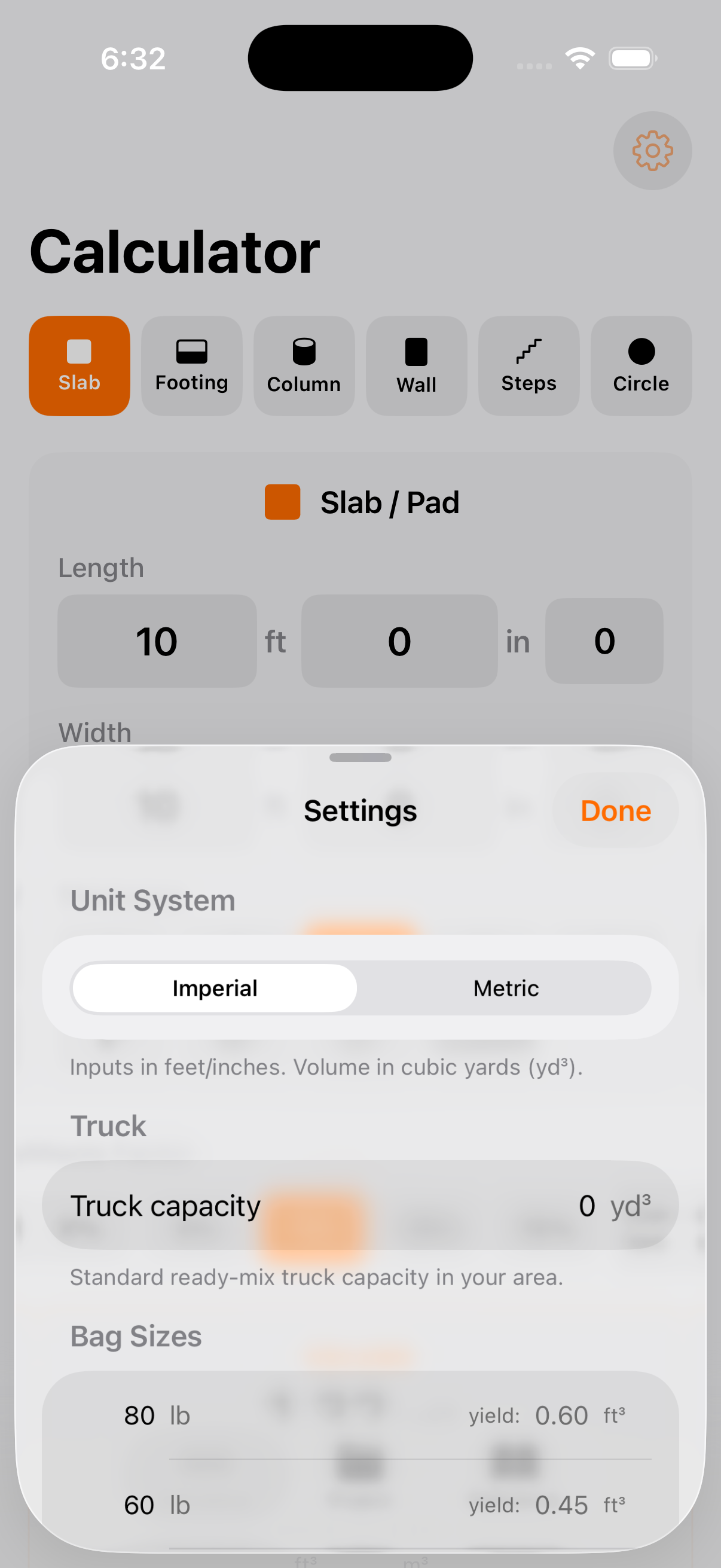 Settings screen showing unit system picker, truck capacity, and bag sizes