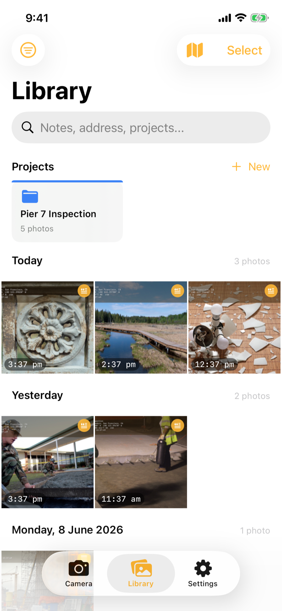 Library tab showing photo grid organized by projects with real inspection photos