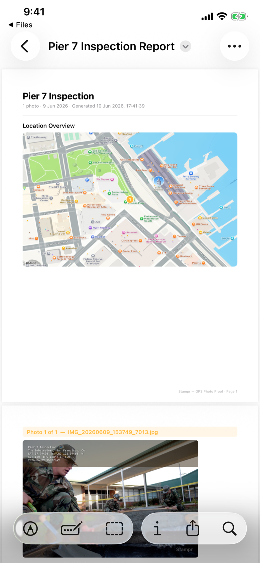 Generated PDF report showing the project title, map overview with a numbered pin, and an embedded photo page