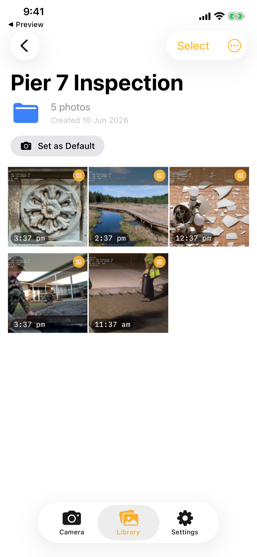 Project detail view showing real inspection photos in a grid