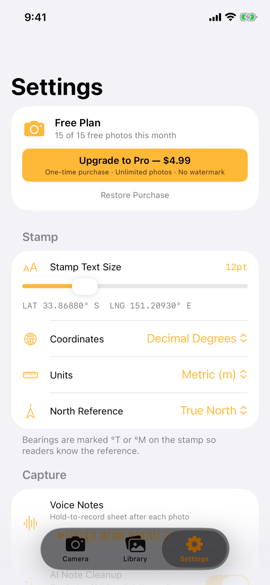 Settings tab showing stamp options, coordinate formats, and Pro upgrade